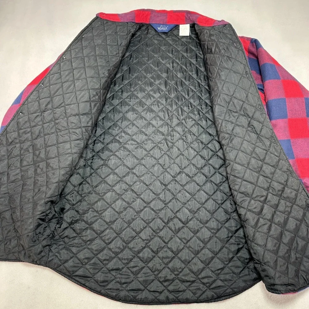 Vintage Woolrich Jacket Mens Medium Red‎ Navy Buffalo Plaid Quilted Flannel Barn